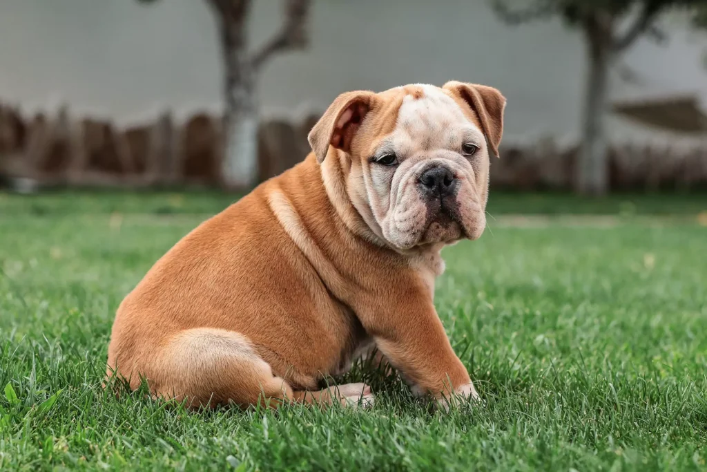 Bulldog with brown fur sitting on grass